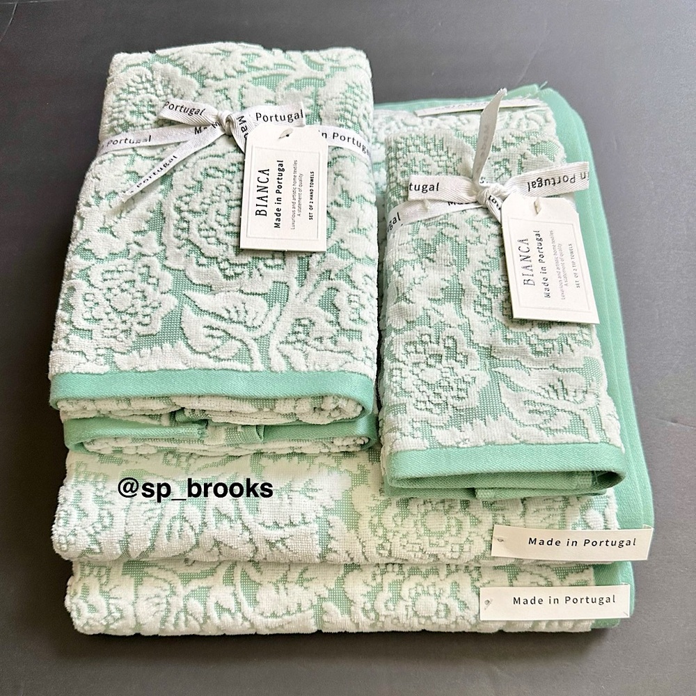 🎁6PC BIANCA Bath Towel Set - Floral Woven Terry Pattern Pastel Green & White